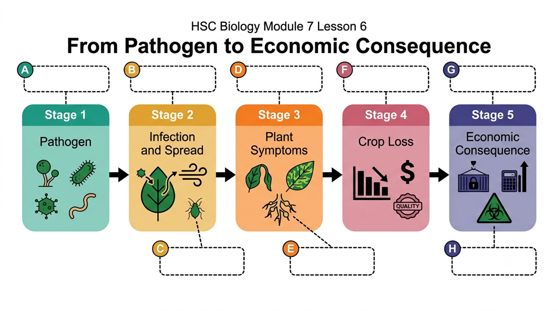 From pathogen to economic consequence — five-stage flow
