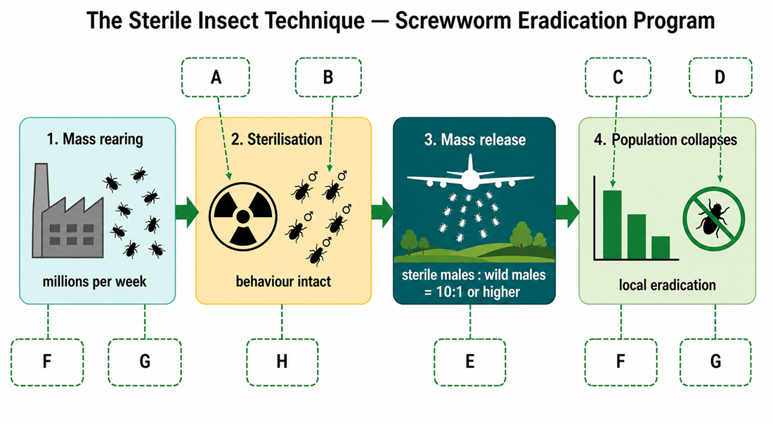 Sterile insect technique — screwworm eradication flow