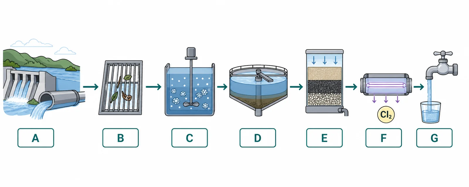 Label the drinking-water treatment train