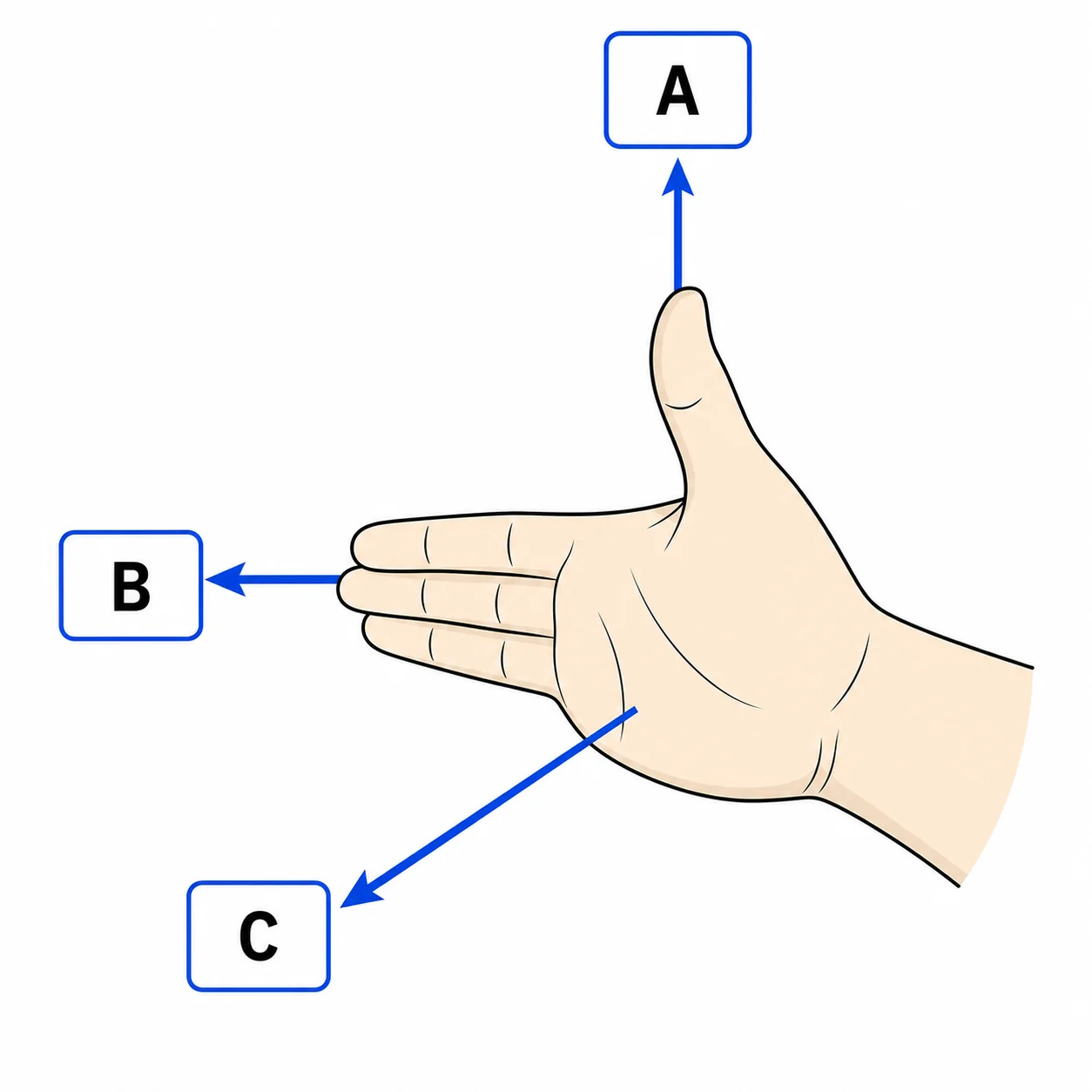 Label the right-hand palm rule diagram